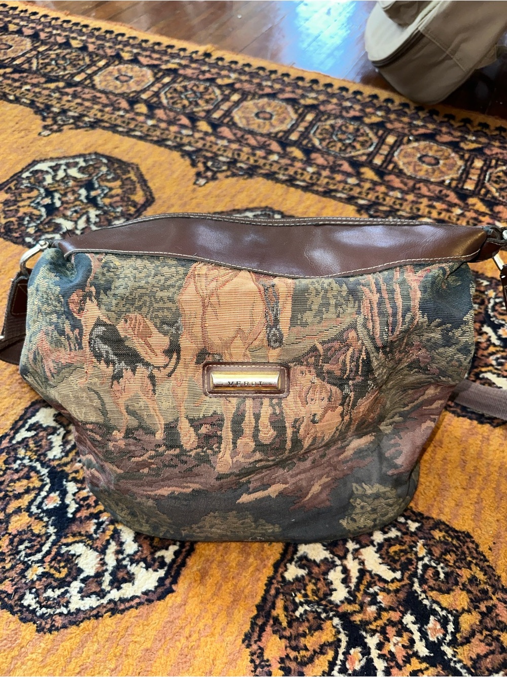Tapestry-Pattern Brown Messenger Bag with Leather Trim